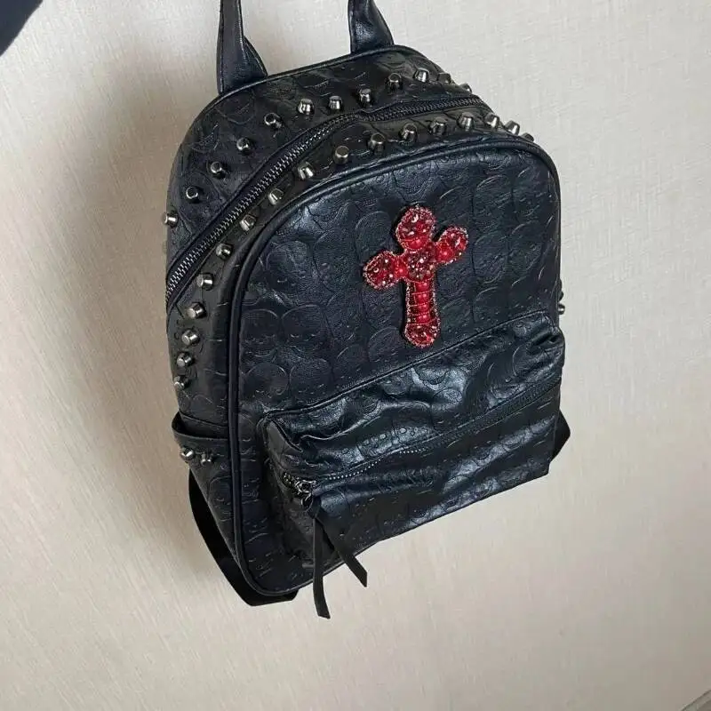 Streetwear Vintage Punk Cross Skull Backpack Y2k Aesthetic Haruku Gothic Handbags Women Casual Retro Rivet Students Backpacks