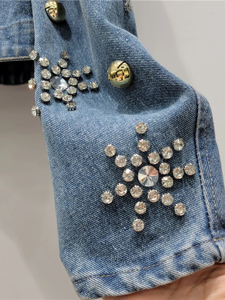 DEAT Women Denim Coat O-neck Puff Sleeve Embroidered Flares Flower Single Breasted Short Jackets 2024 Autumn New Fashion 29L3222