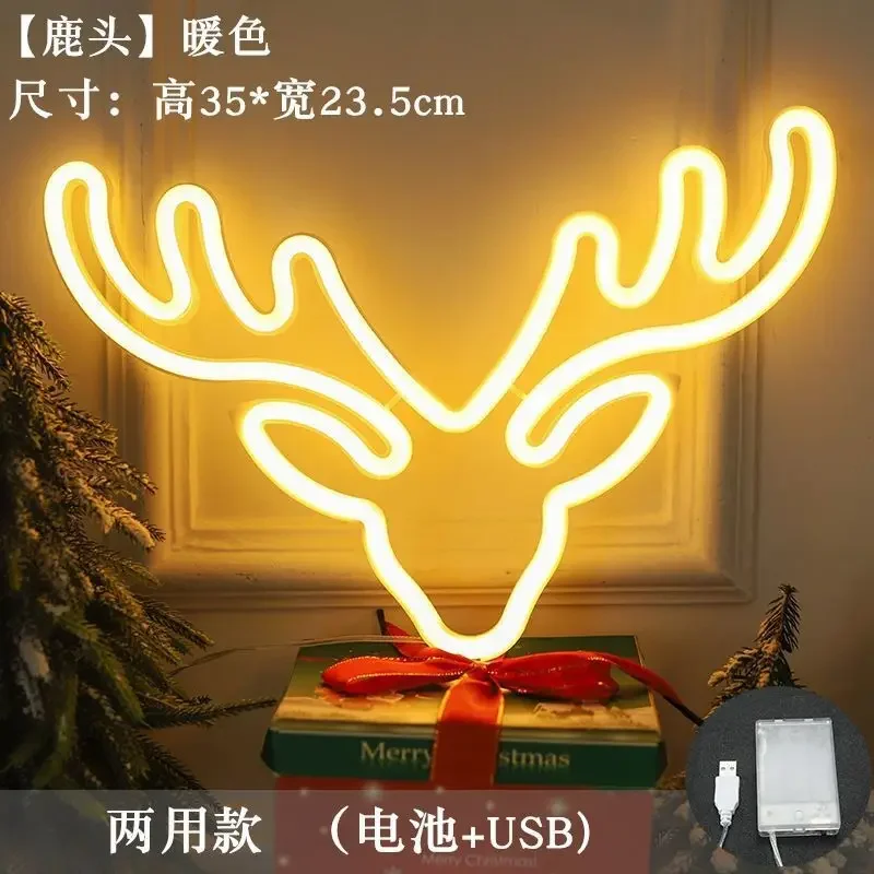 LED Neon Sign Lights Wall Decoration Nightlight Lightning Christmas Tree Santa Claus Elk Bell Modeling Lamp Decor Room Party