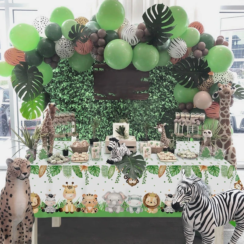 Jungle Birthday Party Decor Animal Palm Leaves Tablecloth Cups Plate Wild One Woodland Safari 1st Kids Birthday Party Decoration