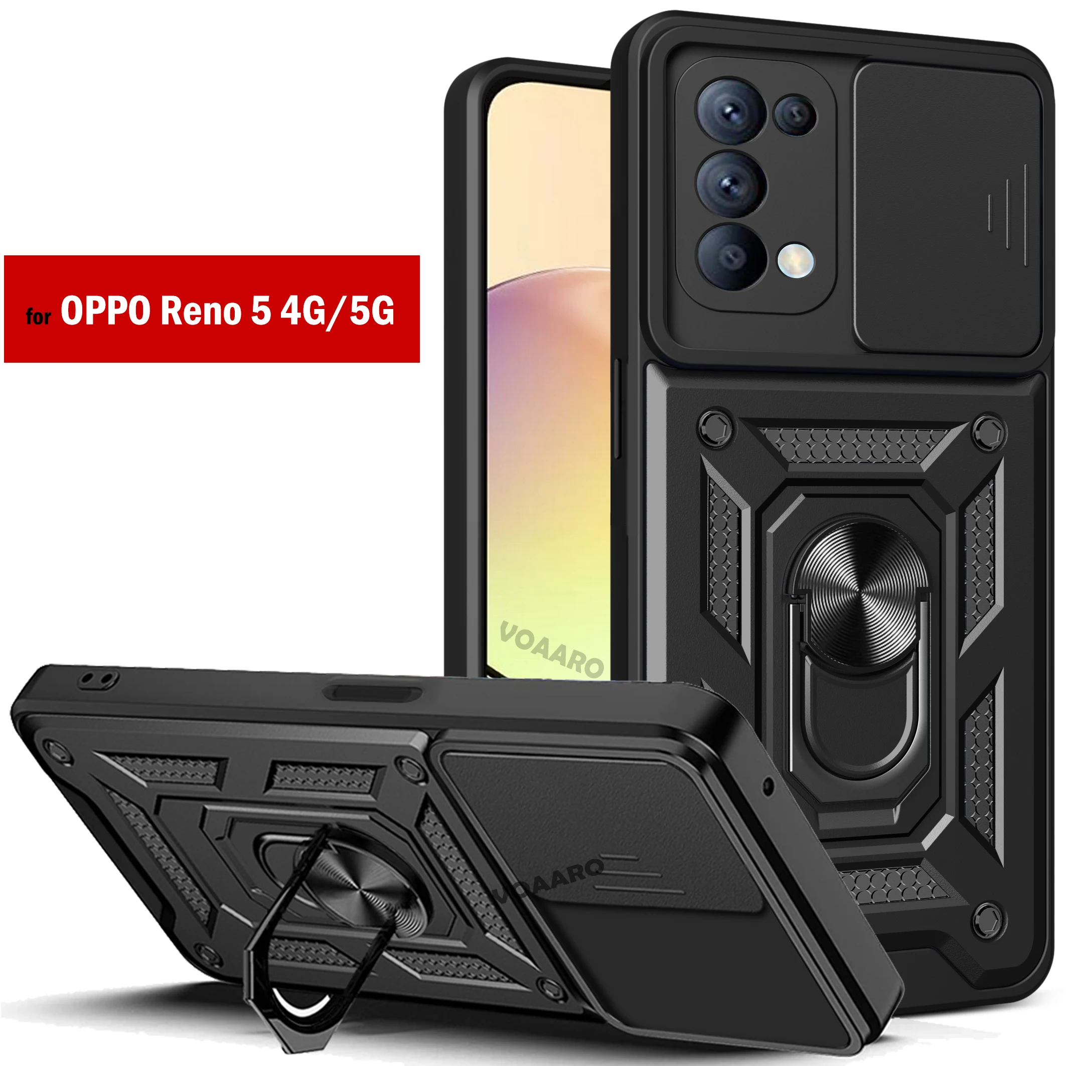 Slide Lens Camera Protect Funda for OPPO Reno 5 5G Case for OPPO Reno 5 4g Find X3 Lite Case Magnetic Ring Stand Armor Cover