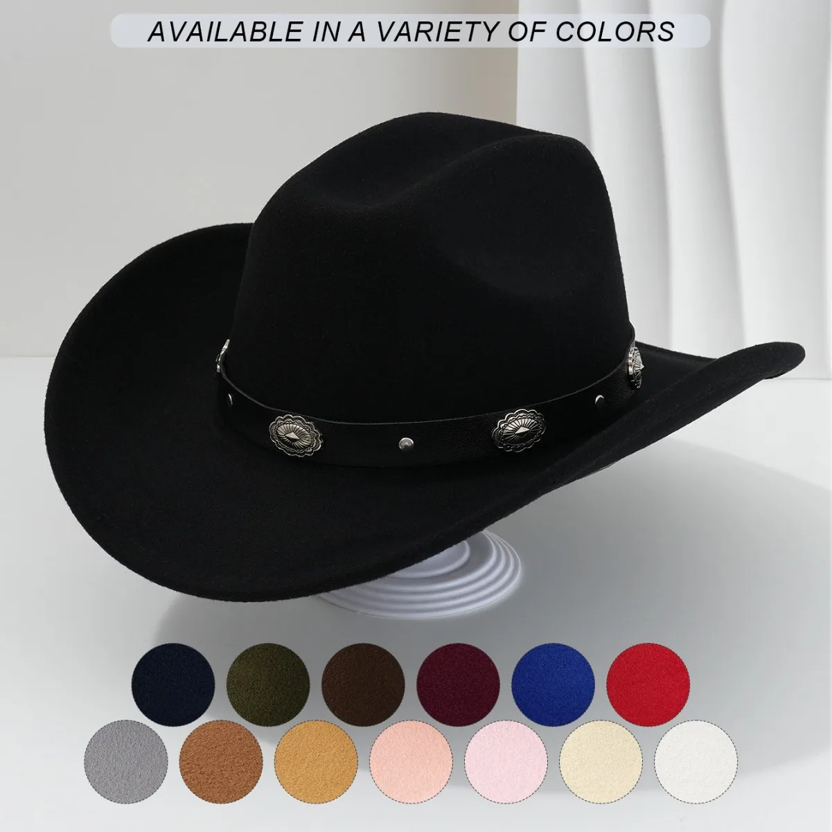 Men's And Women's Western Cowboy Hats Flower Dot Diamond PU Leather Belt Fashion Tidal Current Versatile Wide Brimmed Top Caps