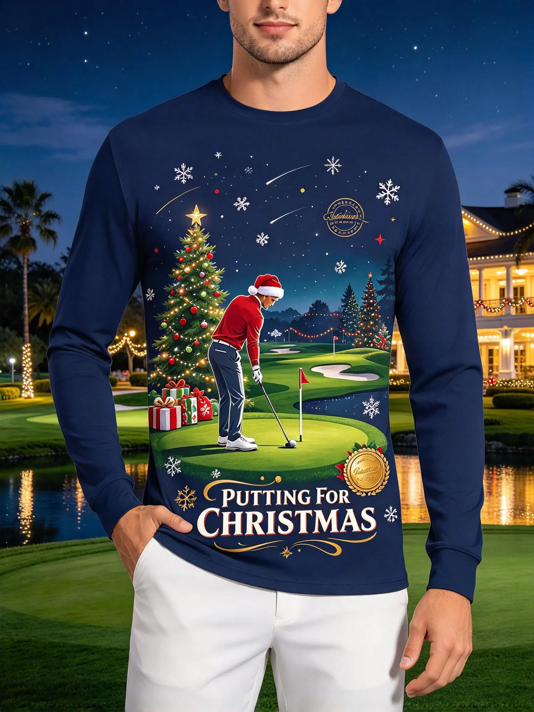 Men's Putting For Christmas Graphic Long Sleeve T-shirt, Santa Golfer Golf Course Xmas Tree Print Casual Holiday Tops Tee