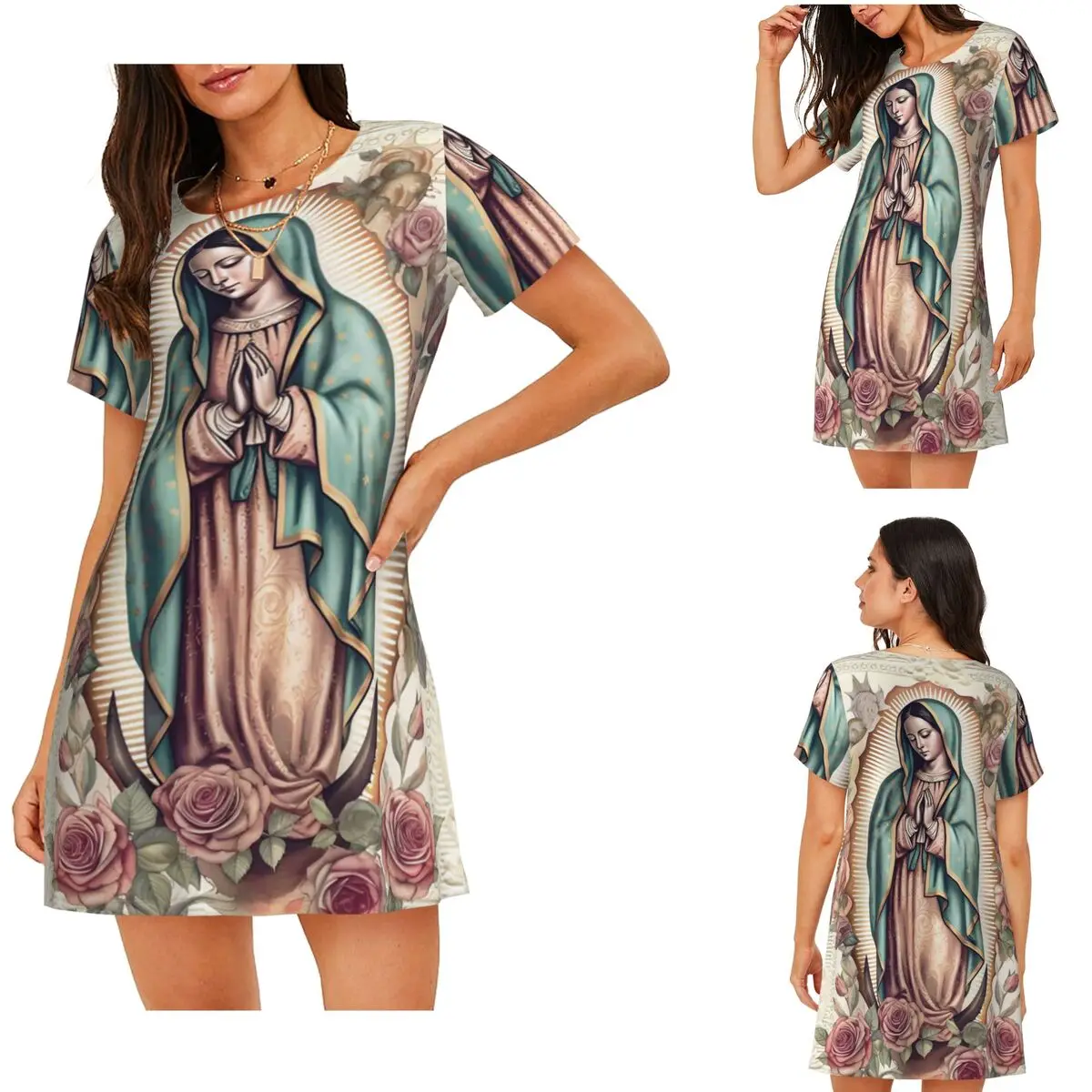 Virgin Mary Of Guadalupe Mexico Catholic Saint Short Sleeves Nightdress Sleeping Sleepshirts Women Short Sleeve Nightgowns Soft