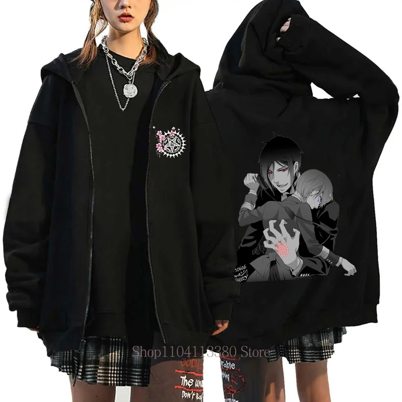 أنيمي الأسود بتلر سستة مقنعين خريف شتاء المرأة موضة عادية كم طويل بلايز الصوف Harajuku زمم البلوز بلوزات #3