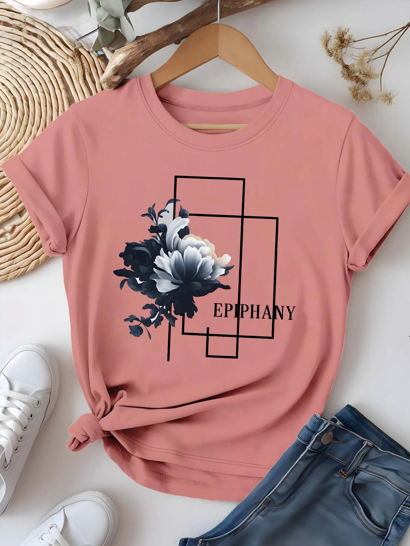 Koszulka Plus Size Artystyczna Kwiatowa Epifania Graficzna Szykowna Elegancka Literacka Letnia Krótki Rękaw