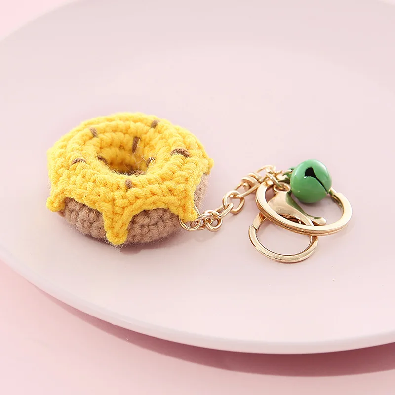 Women Creative Crocheted Cartoon Knitting Pendant Keyring Fruit Keychain Cute Knitted Donut Doll Car Key Holder