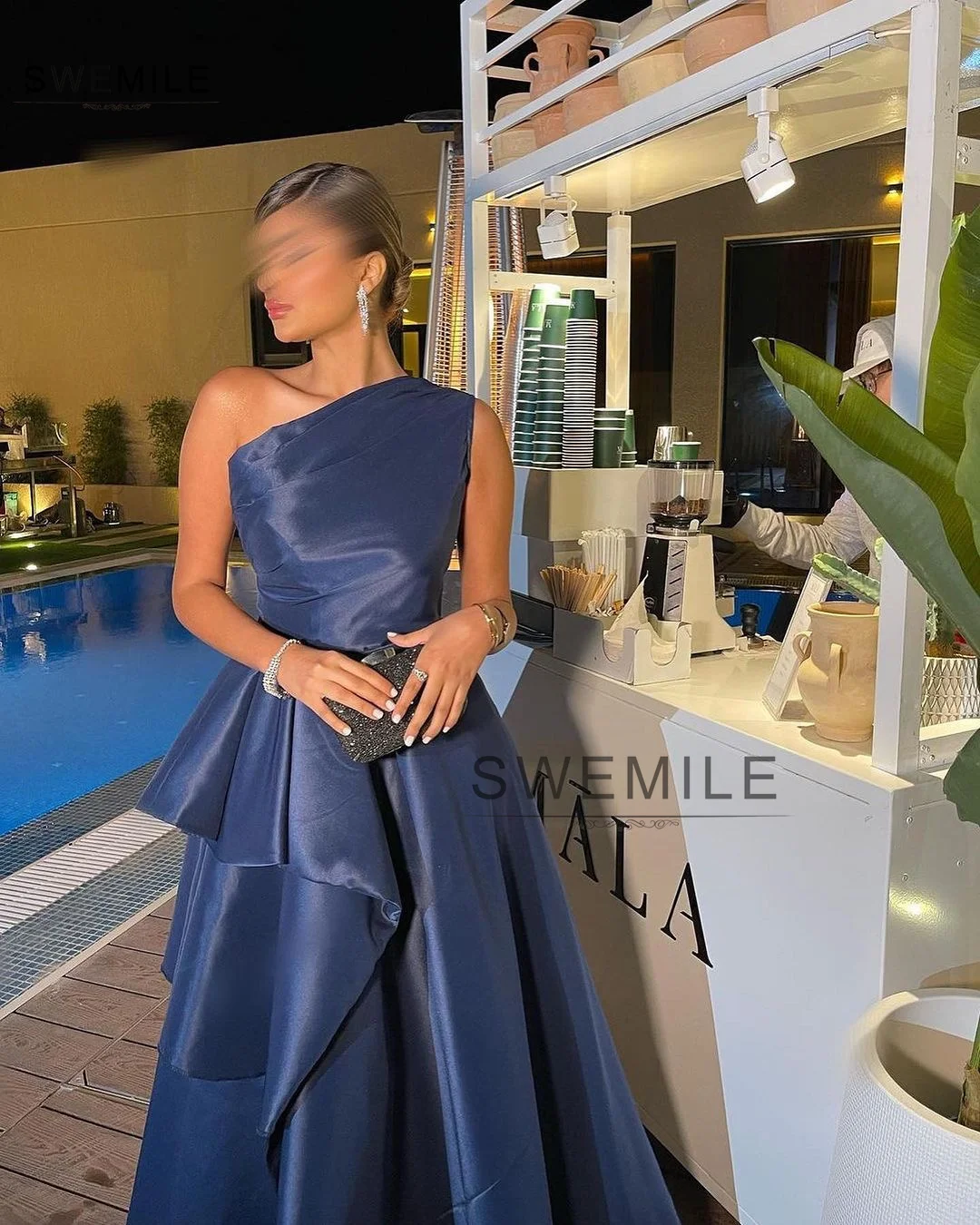 SWEMILE A-Line One-Shoulder Floor-Length Satin Zipper Up Wedding Party Dress Evening Dress Women Luxury 2024 Prom Dress Women