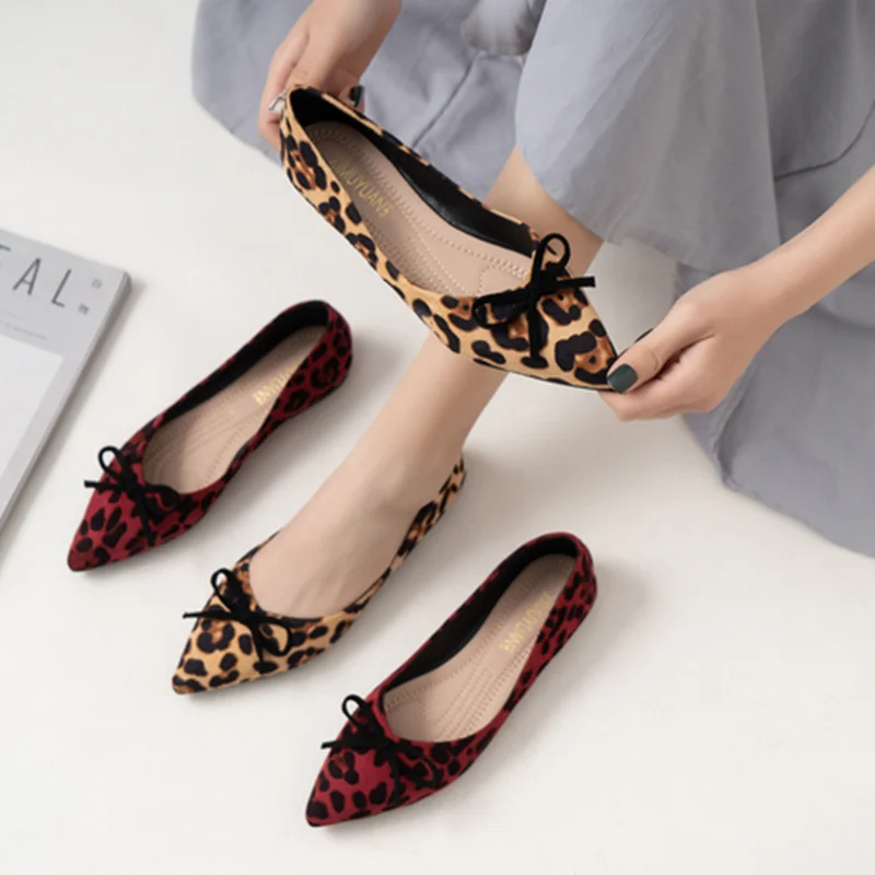 Female Odorless Bow-Knot Flats Pointy Toe Ballerina Shoes For Women 2023 Noiseless Slip-On Leopard Red Yellow Flock Chaussure 48