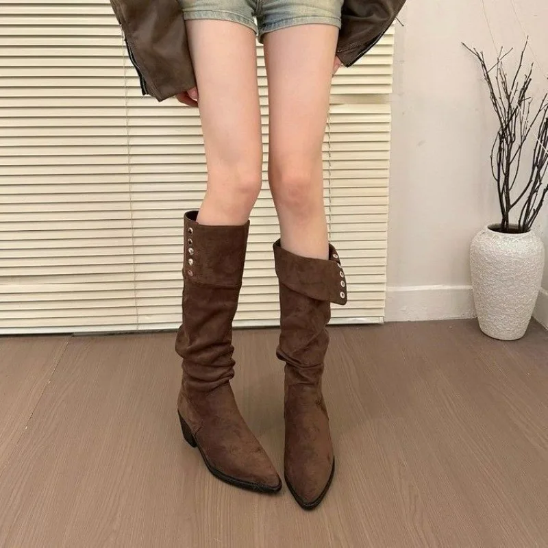 Women's Round Toe Double Wear Pleated Boot New Mid Heel Retro Knee High Rider Boot Western Cowboy Boot Vintage Style Wrap Around