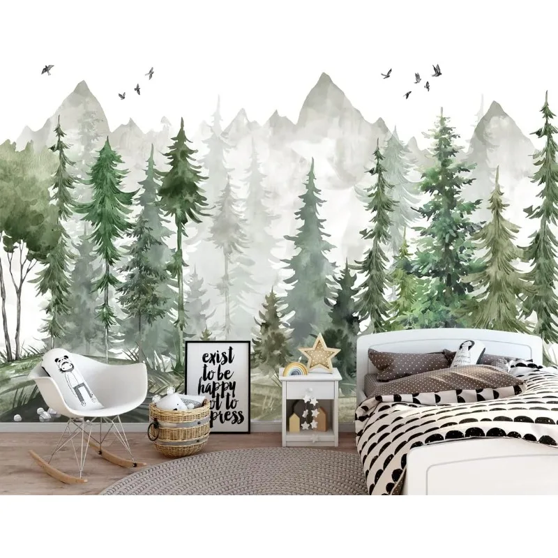 

Green Forest Wall Mural Watercolor Woodland Wallpaper for Nursery Room (Not Peel n' Stick)