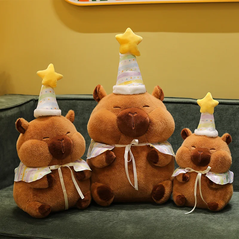 Kawaii Capybara knuffel met verjaardagshoed Leuke Squinty Eye gevulde pop Grote zachte speelgoedcadeau voor kinderen Kerstverjaardag