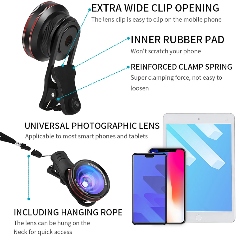 HD Camera Lens with Fill Light Mobile Phone Lens 0.45X Wide Angle Len 12.5X Macro Universal for iPhone 6S 7 Xiaomi Cellphones