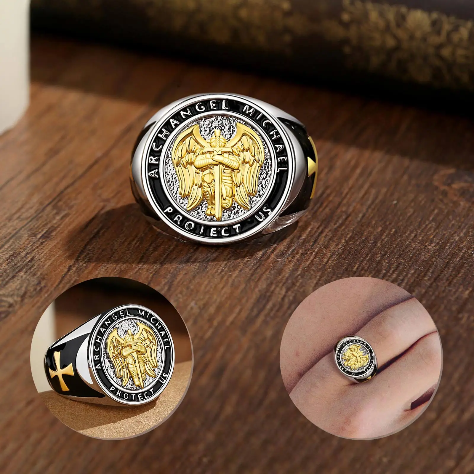 Eudora Copper Saint Michael Archangel Adjustable Ring Religious Amulet Medal Cross Ring Christian Jewelry Gift for Men Woman view 3