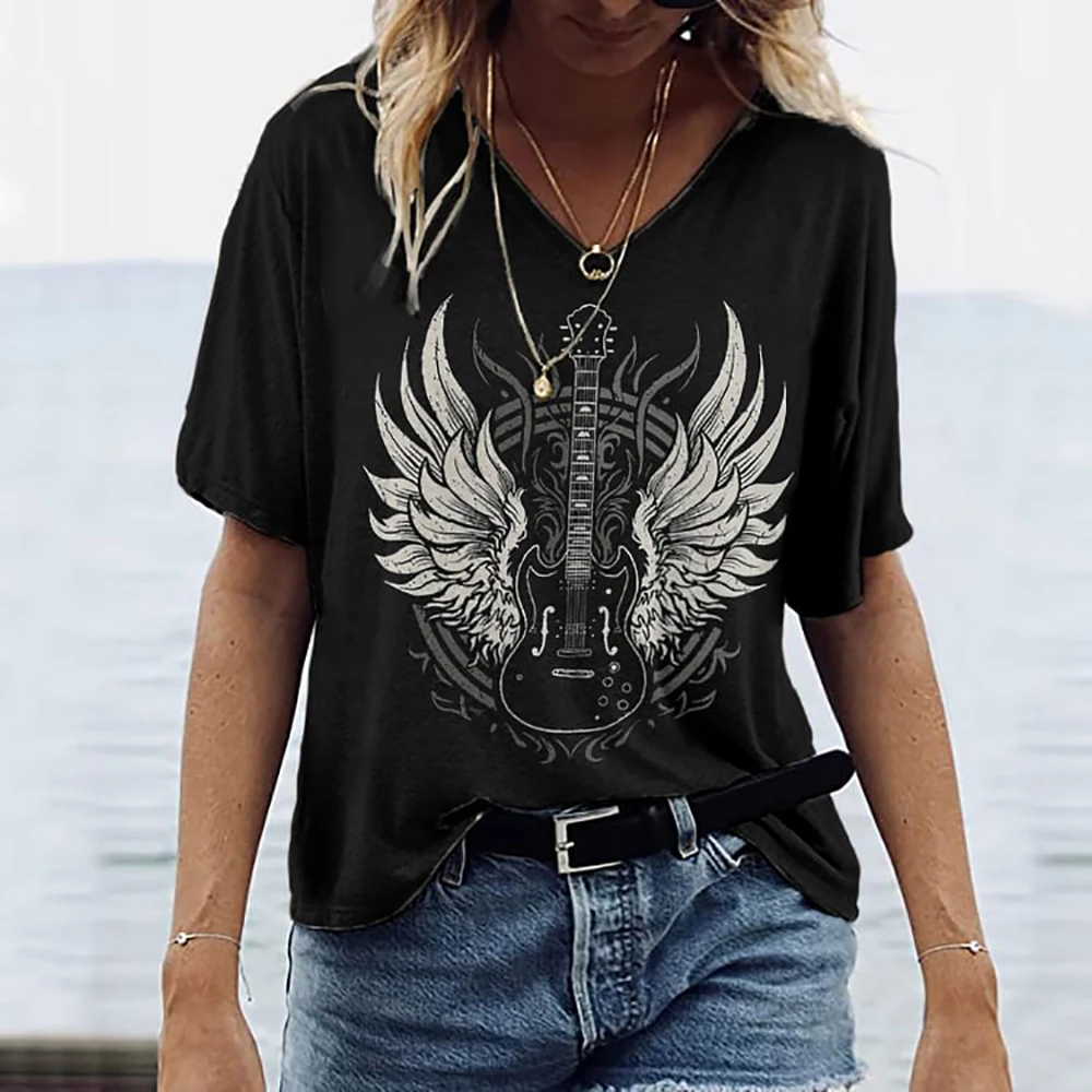 Vintage Wings 3D Printing Women's T Shirts Harajuku Fashion V-neck Short Sleeve Oversized Top Female T Shirt For Women Clothing