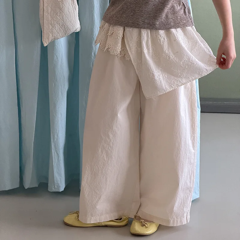 2026 Summer Fashionable Fake Two-piece Skirt Pants for Girls and Boys Sweet Lace Splicing Fart Curtain Pants