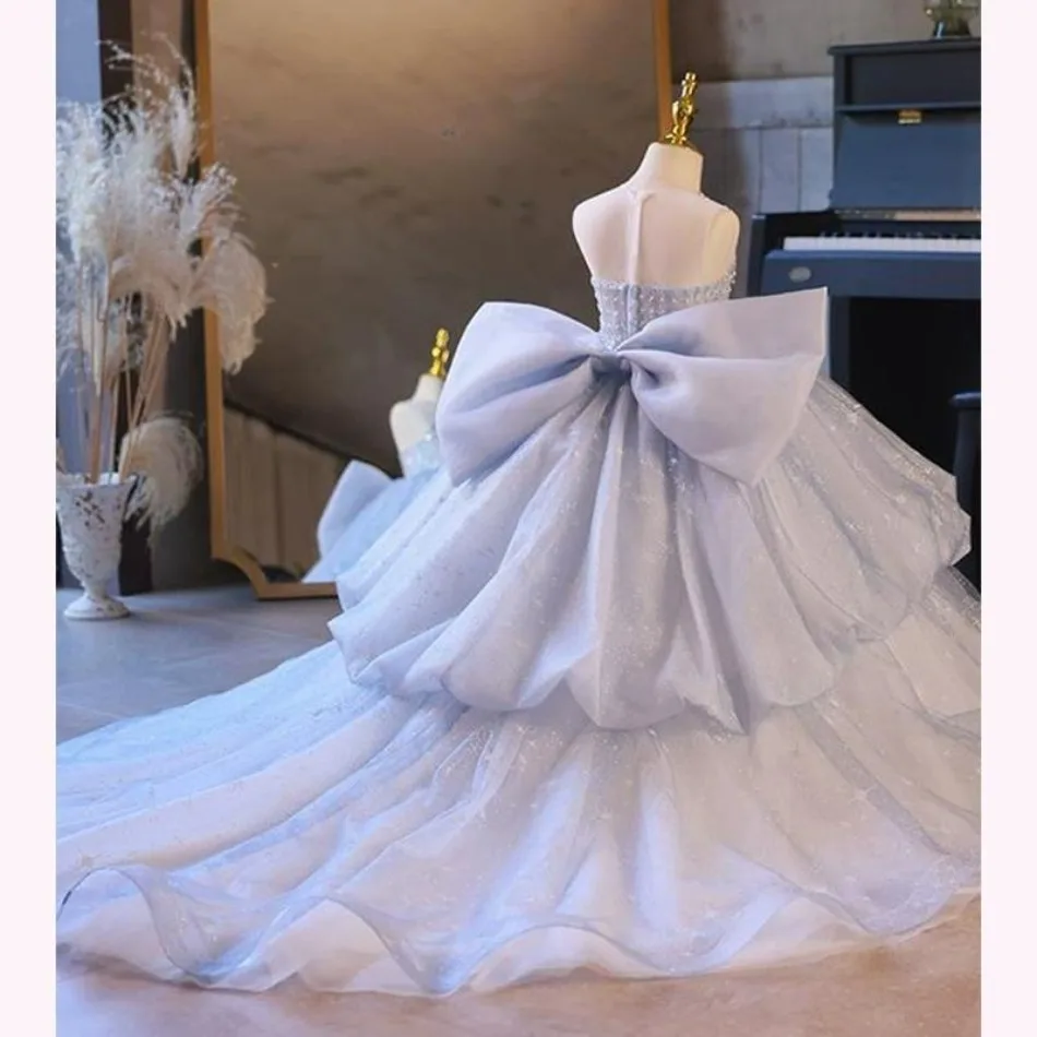 Princess Ball Gowns for Young Girls Kids Girl Sleeveless Beading Big Bowknot Mermaid Dress Infant Luxury Party Costume Vestidos