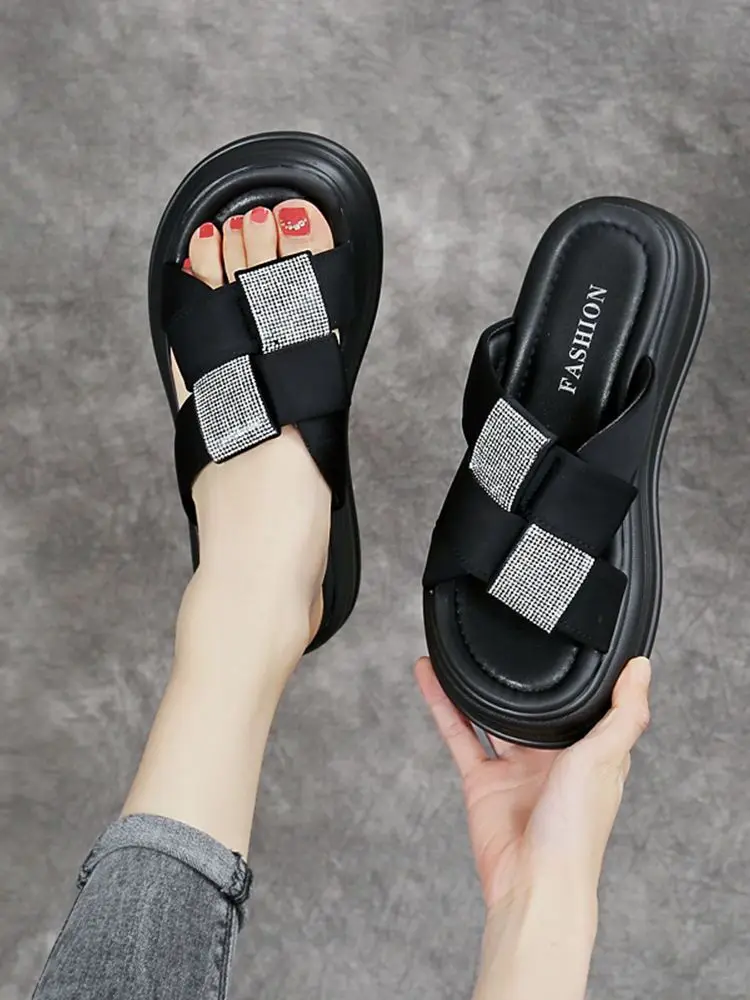 Shoes Slippers Women Summer Low Lady Shale Female Beach Big Size Slides Platform Girl Sabot Rubber Rome Hoof Heels PU Fabric