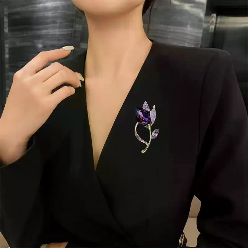 Vintage Luxury Purple Crystal Tulip Flower Brooches For Women Elegant Clothes Suit Accessories Lapel Pins Party Jewelry Gifts