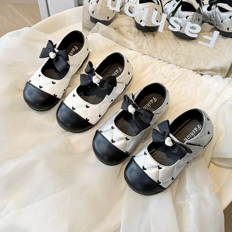 

High-Quality Princess Shoes Spring Autumn Black White Leather Shoes Soft Bottom Non-Slip Bowknot Bowtie Cute Children Flat Shoe