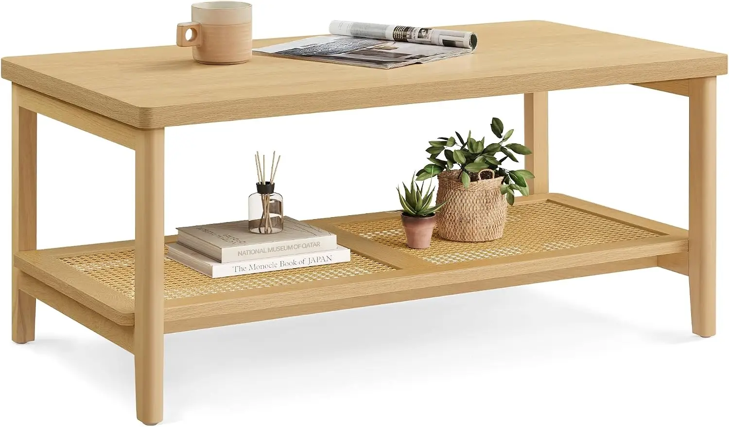 2-Tier Coffee Table for Living Room, Rectangular Living Room Table, with PVC Rattan Storage Shelf, Rounded Corners, Easy