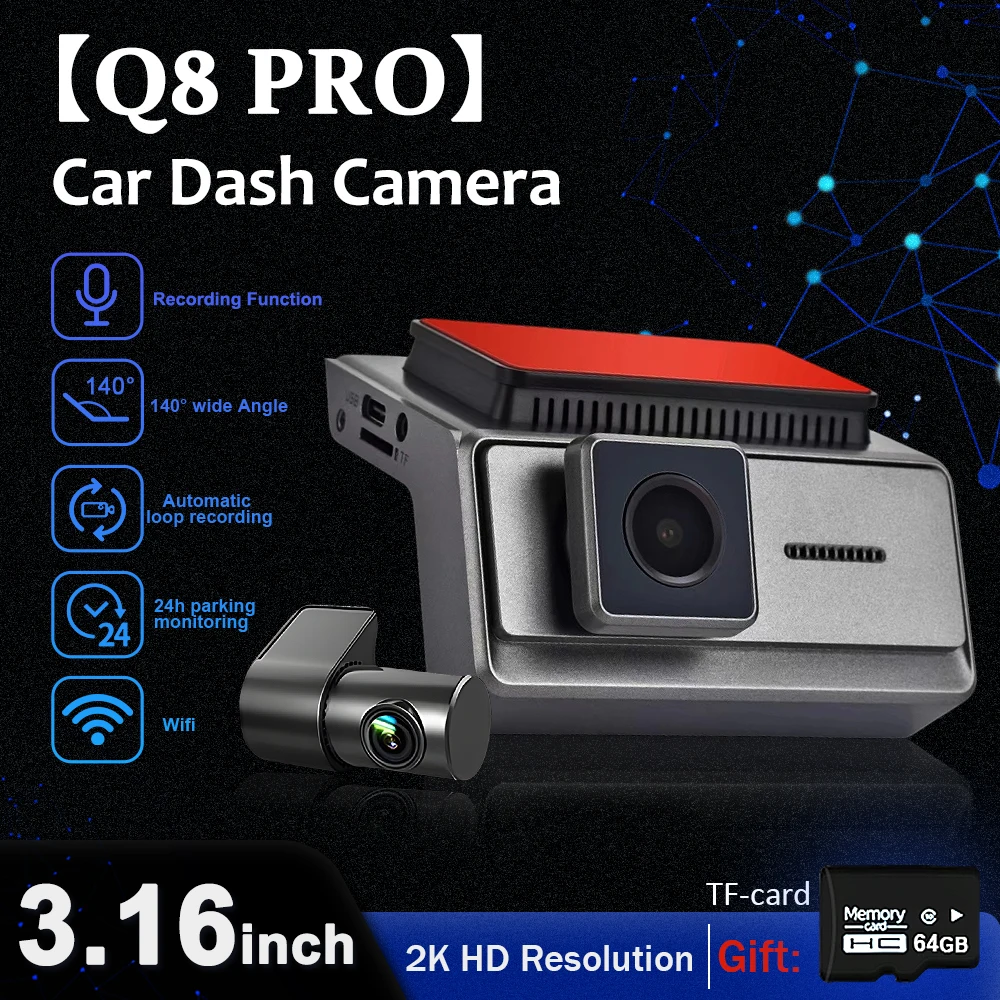 

2K HD Resolution Car Intelligent Dash Camera For Q8 PRO 3.16 inch Large Screen Wide Angle Lens 24H Parking Monitoring wifi
