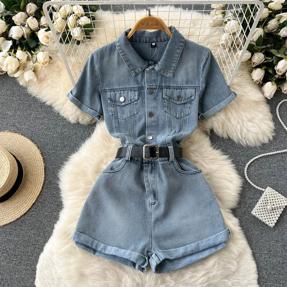 Women Short Denim Playsuit Turn-dowm Collar Slim Waist Jumpsuits Casual Single Breasted  Pockets Jeans Rompers