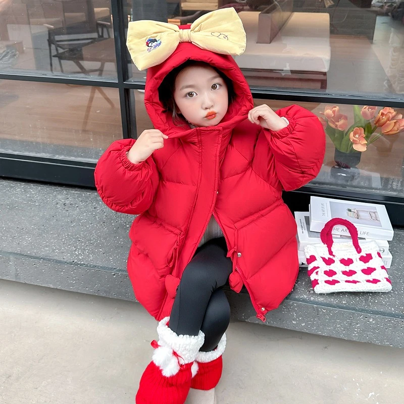 

Snow White Girls Down Coat 2025, Hooded Waist-Defined 50% White Duck Feather Winter Jacket for Kids