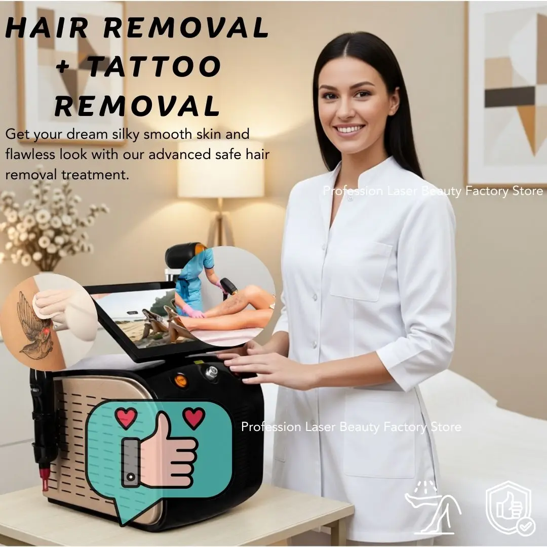 

Лазерный аппарат 2-в-1: диодный лазер для удаления волос и пикосекундный лазер, 3 длины волны, безболезненное уменьшение волос и удаление татуировок