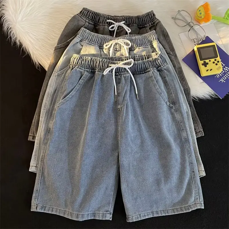 

Light Wa Men's Denim orts Casual Loose Straight Leg Five-Point Pants Japanese Sle Elastic Waist Simple Summer Jeans