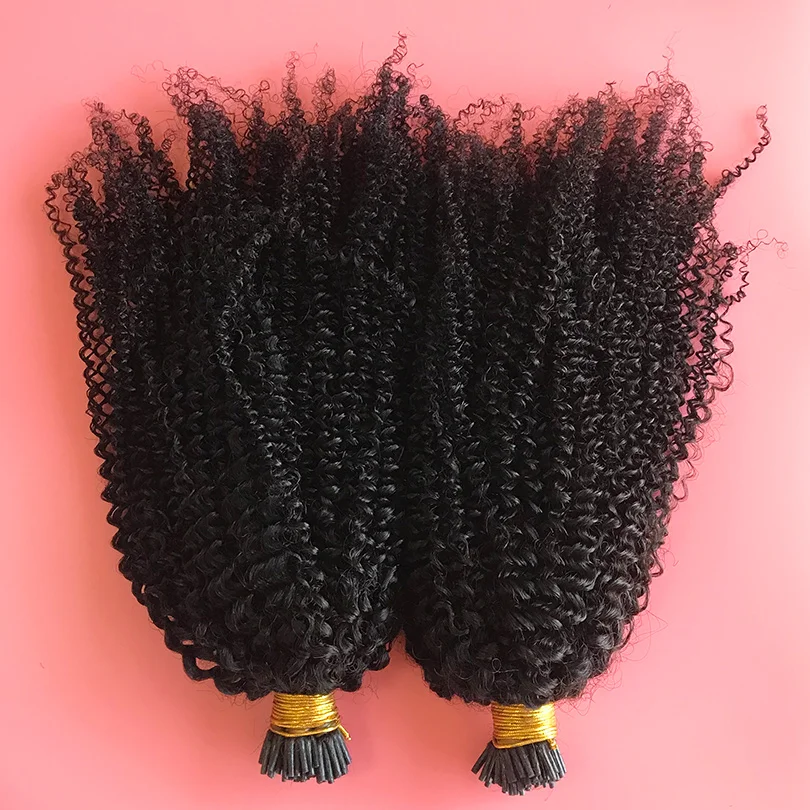 4B 4C Afro Kinky Curly Human Hair I Tips Microlinks Brazilian Remy Hair Extensions Hair I Nail Tips Black Color For Women