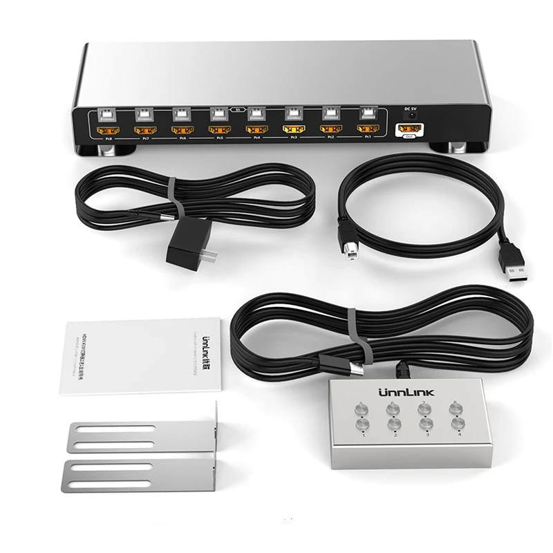 Unnlink-Switch KVM HDMI, 8 em 1 comutador de vídeo de saída, 8 portas, 8 Host Share, 1 monitor, USB, mouse, teclado, Pinter com extensor
