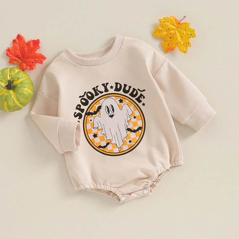 Baby Halloween Sweatshirt Romper Ghost Print Long Sleeve Bodysuit Newborn Clothes