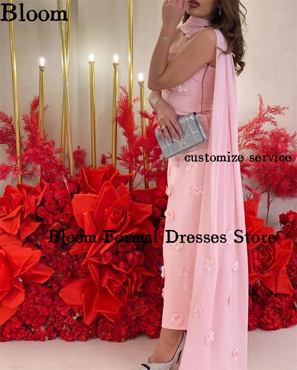 Bloom Customized Handmade Flowers Prom Dresses Vestidos De Saudi Arabia Women Wear Evening Dresses With Wrap Formal Party Gown