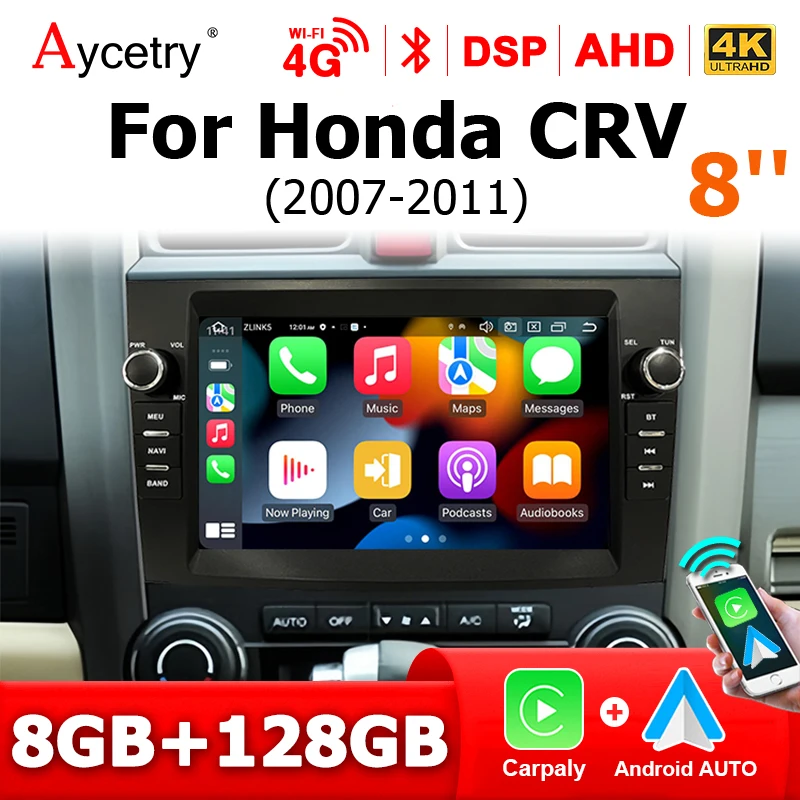 Autoradio GPS Android 14 con Carplay Wireless da 8'' per HONDA CRV CR-V 2007-2011, 2din, Stereo, Lettore Multimediale, 4G LTE
