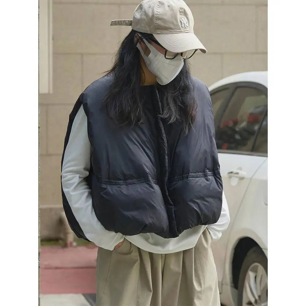 UMI MAO 90 화이트 덕 다운 베스트 재킷 여성 겨울 아우터 신상 캐주얼 라운드넥 루즈핏 얇고 폭신한 따뜻한 슬리브리스 코트 Y2K