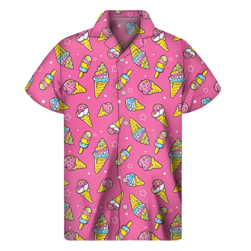 Camisa Havaiana com Estampa 3D de Sorvete de Desenho Animado, Camisas de Verão Masculinas com Gola Lapela, Blusas Femininas de Manga Curta, Camisetas 
