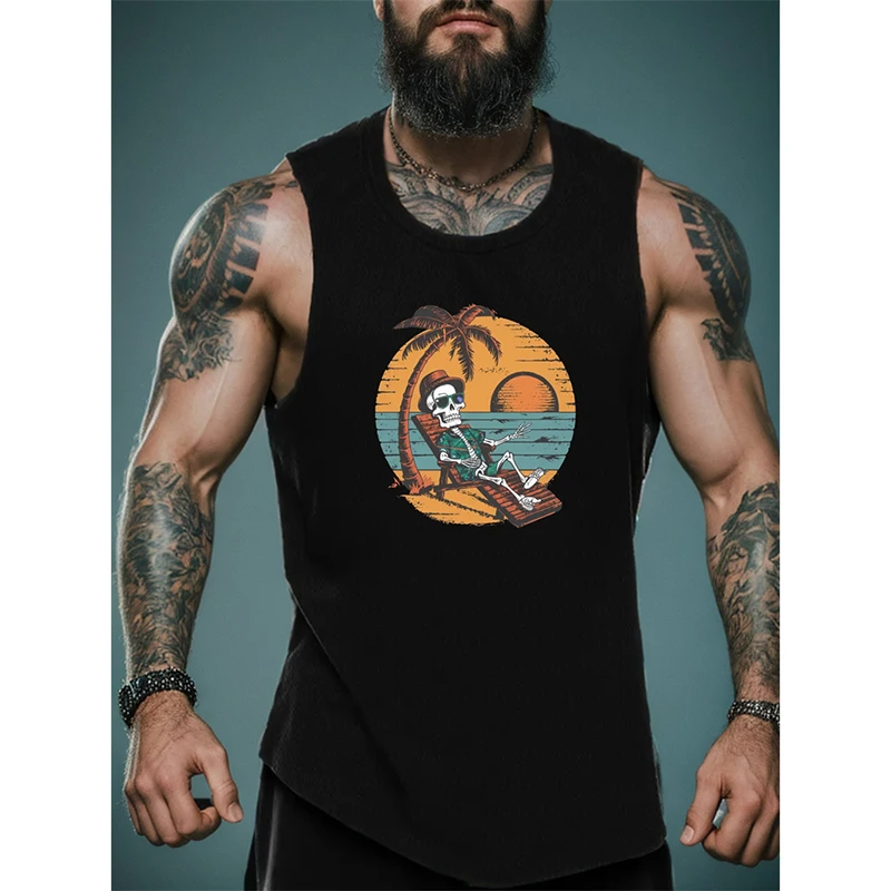 Men's Breathable Sleeveless Tank Top Summer Hot Casual Sporty Skull And Hawaii Geometric Print Polyester Outdoor Activities Vest