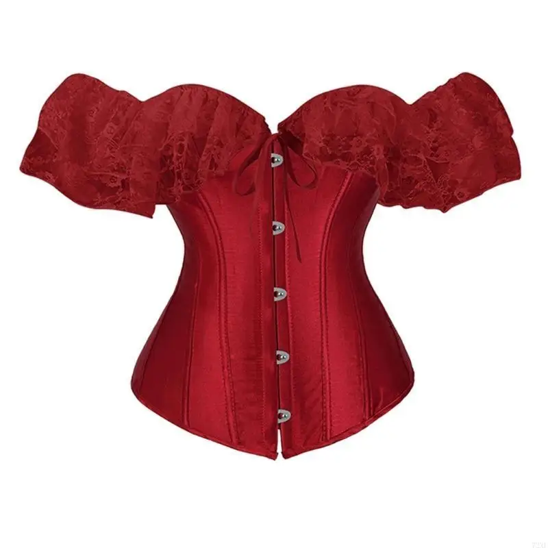 72xe รูปแบบภาษาฝรั่งเศส Waspie Victorian Lace Sleeves Crop Top Overbust Laceup Tied Corset