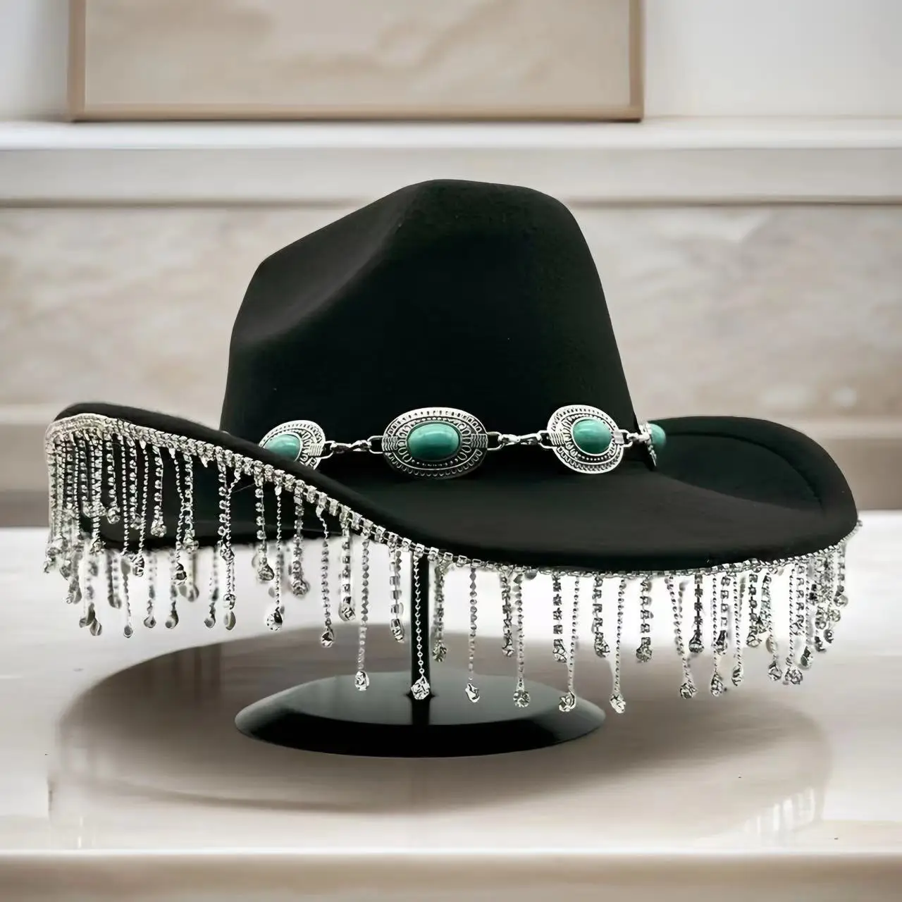 HongLuan Black Bohemia Costume Hat, Disco Cowboy Hats Rhinestone for Woman, Cowboy Cosplay Female Accessories & Cowgirl Cap