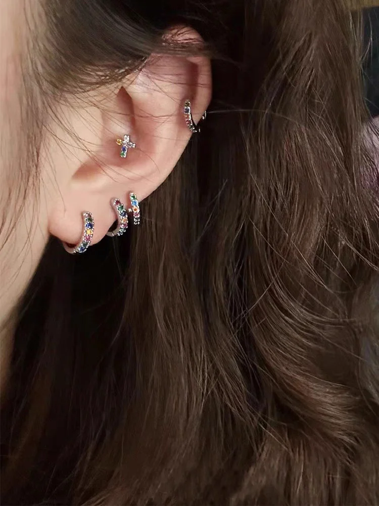 Pure 925 Sterling Silver Mini Hoop Earrings for Daughter Children Girls Kids Rainbow Color Zircon tragus Earring Fine Jewelry