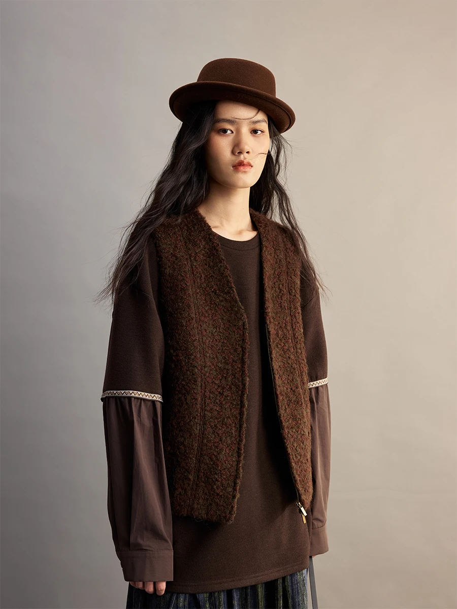 

CAREMIND Women's Vintage Mixed Brown Green Color Circle Texture Vest Outerwear Wool Blend Zipper Closure V-Neck Regular Length