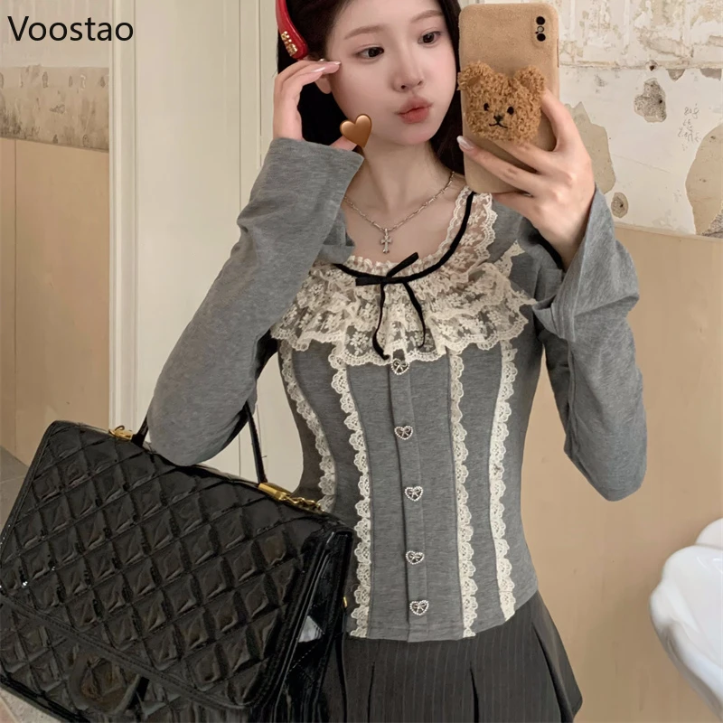 Autumn Winter Sweet Long Sleeve T-Shirts Women Elegant Lace Ruffles Patchwork Slim Blouses Female Casual Bow Lace-Up Y2k Tops