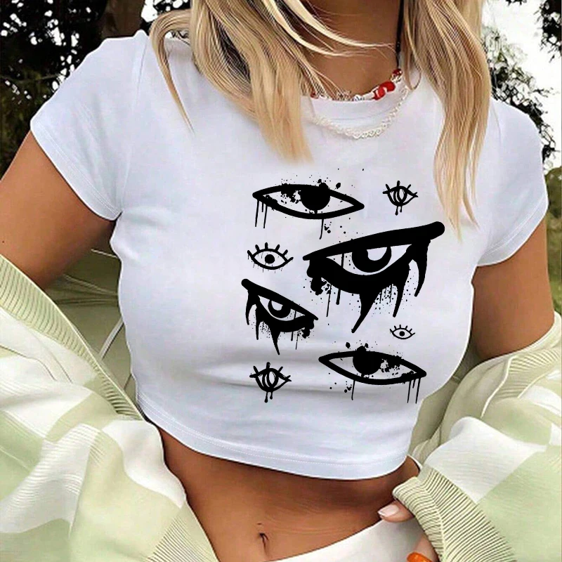 Gothique Creative Eye Motif Impression T-Shirt Esthétique Harajuku Polyvalent Classique Crop Top Vintage Y2K Streetwear Slim Femmes Tee