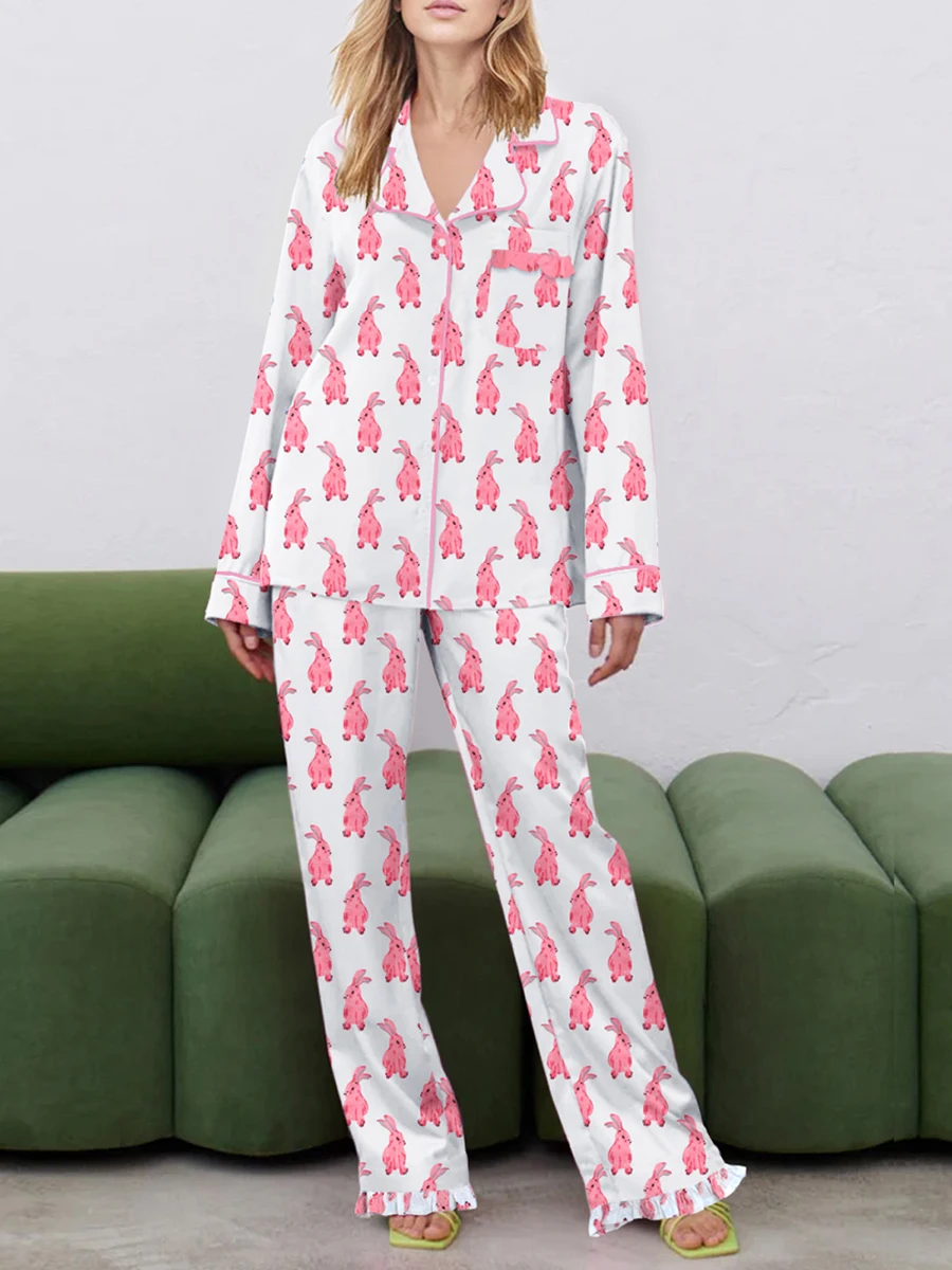 

Women s 2 Piece Lounge Set Cozy Long Sleeve Lapel Pajama Set with Cute Bunny Print and Comfortable Pants for Sleepwear
