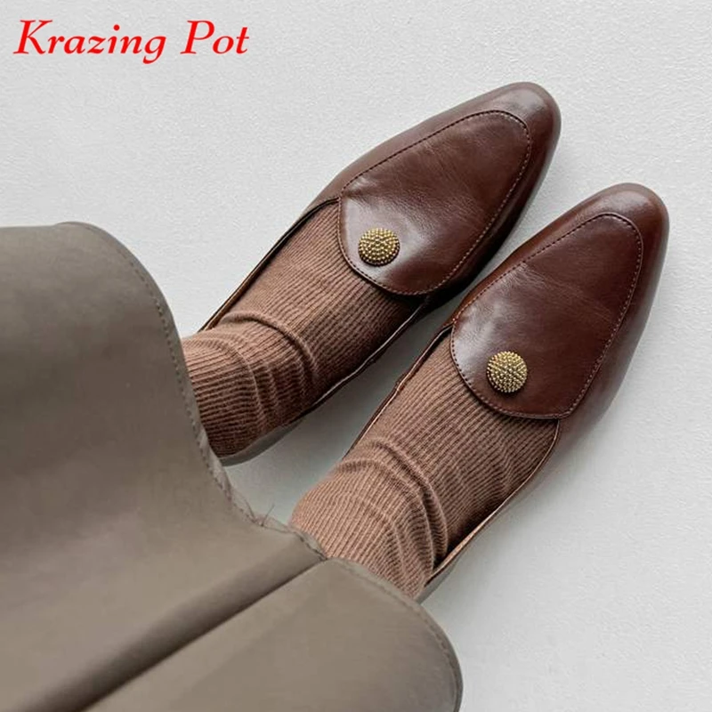 

Krazing Pot Full Grain Leather Concise Simple Round Toe Slip On Women Spring Metal Fasteners Modern Fashion Autumn Ballet Flats