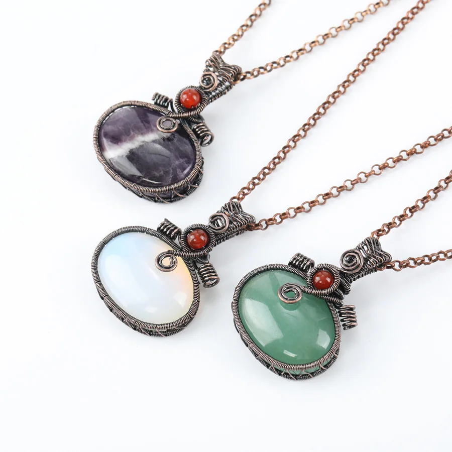 

Hand Woven Oval Stone Creative Diy Bronze Pendant Jewelry Natural Crystal Amethyst Fashion Charm Pendant Necklace Wholesale