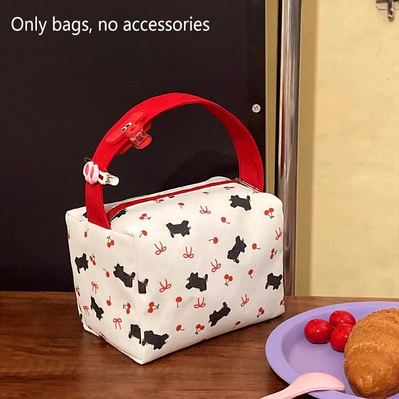 Dainty Black Cat Cherry Tie Embossed Handheld Vanity Bag; Generous Storage Portable Travel Keeper Fashioned Makeup Bag Token