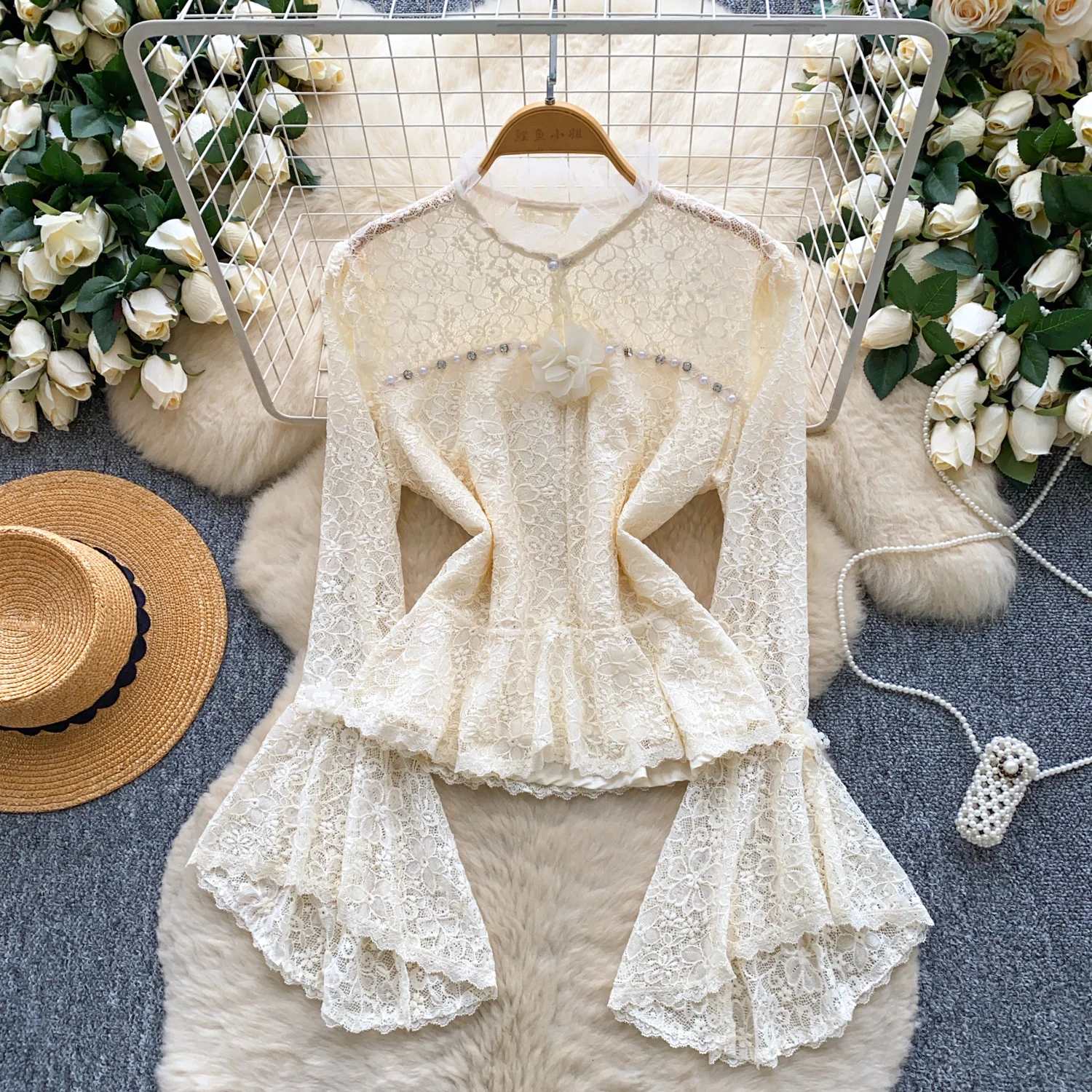 Vintage elegante manga alargamento beading blusa de manga longa moda camisa hotsweet topo fada camisa feminina