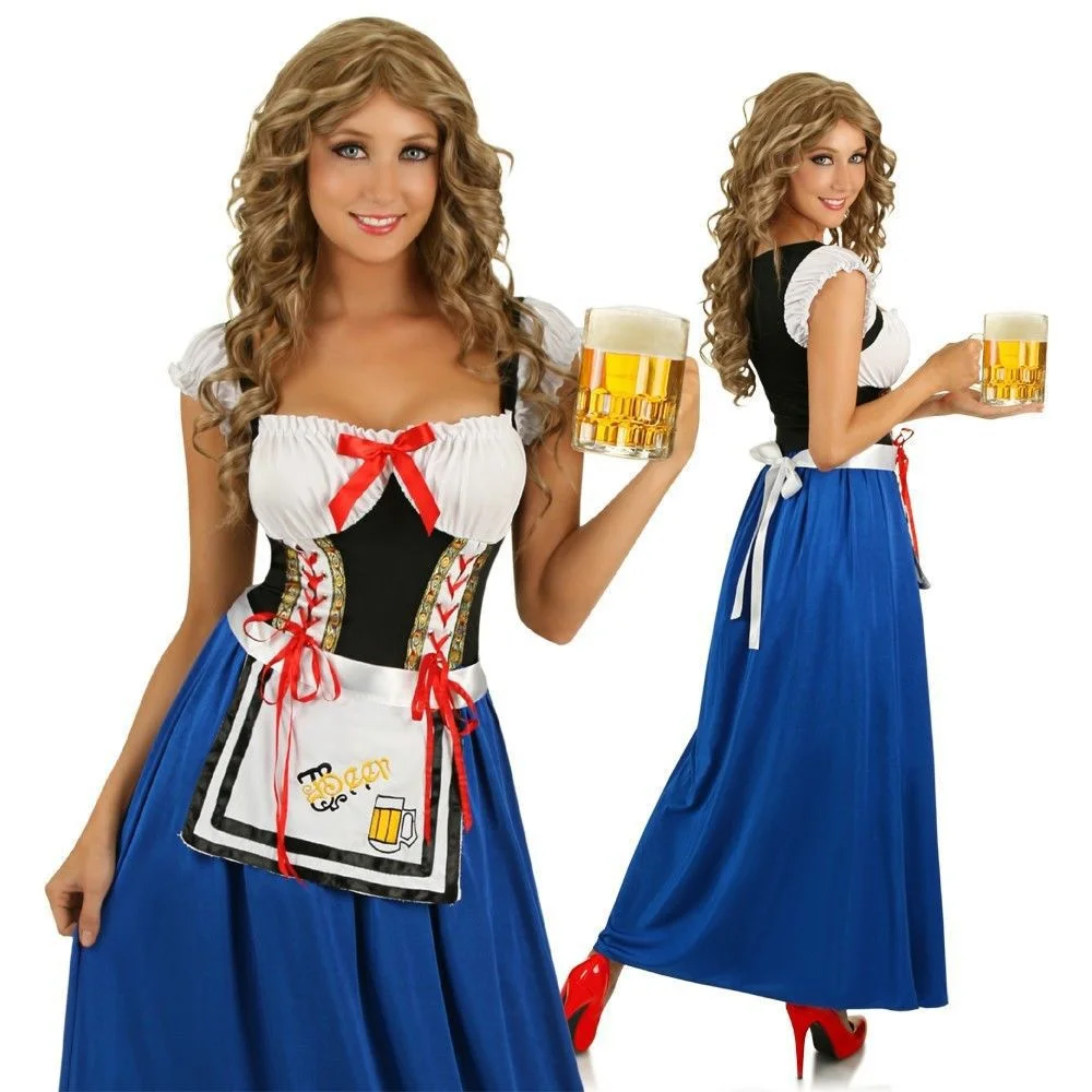 Trajes tradicionais bávaros azuis Oktoberfest para senhoras, vestido de empregada azul extravagante para mulheres, garçonete alemã, roupa de cervejeira